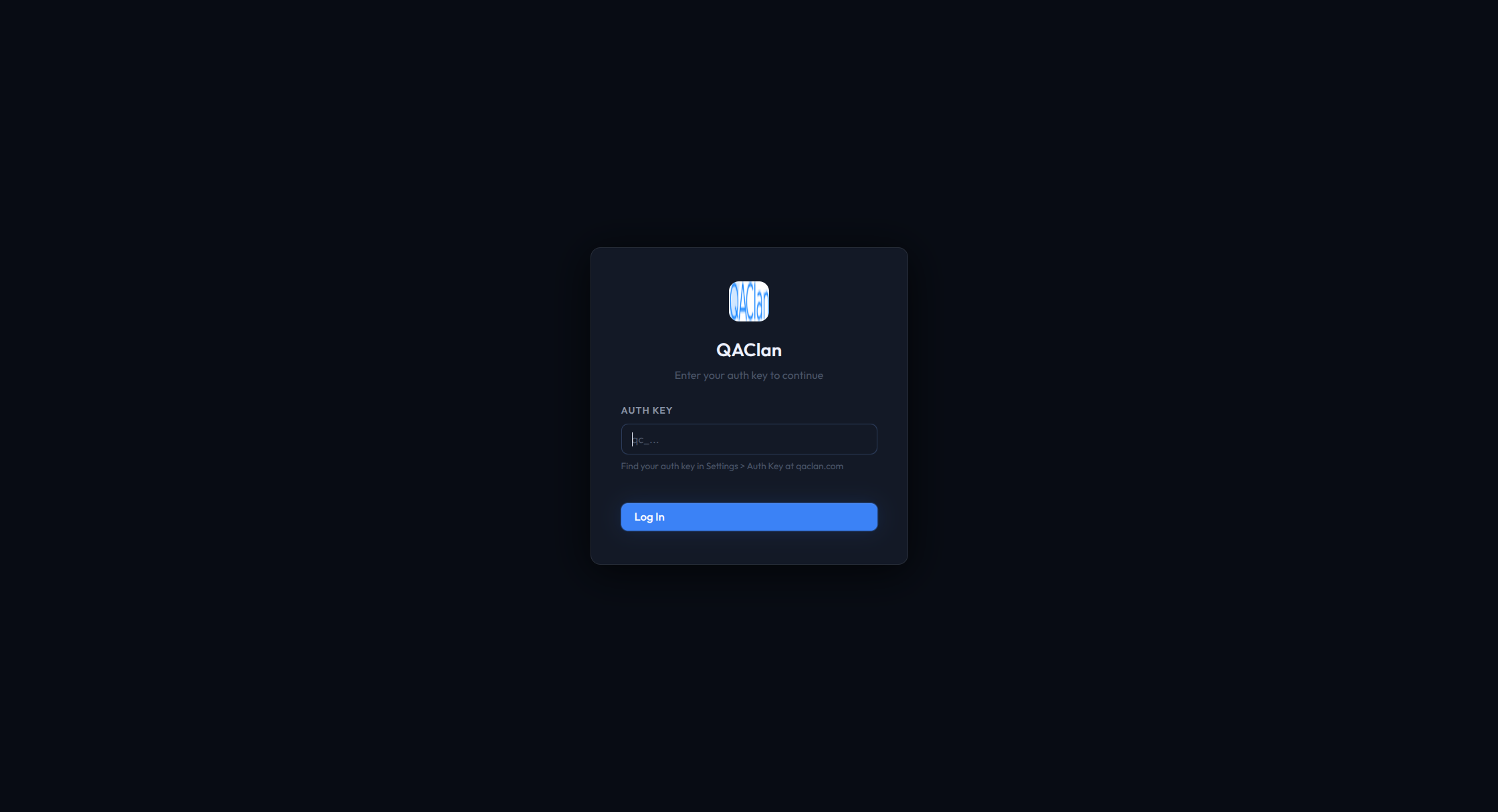 Auth key entry screen in the QAClan web UI