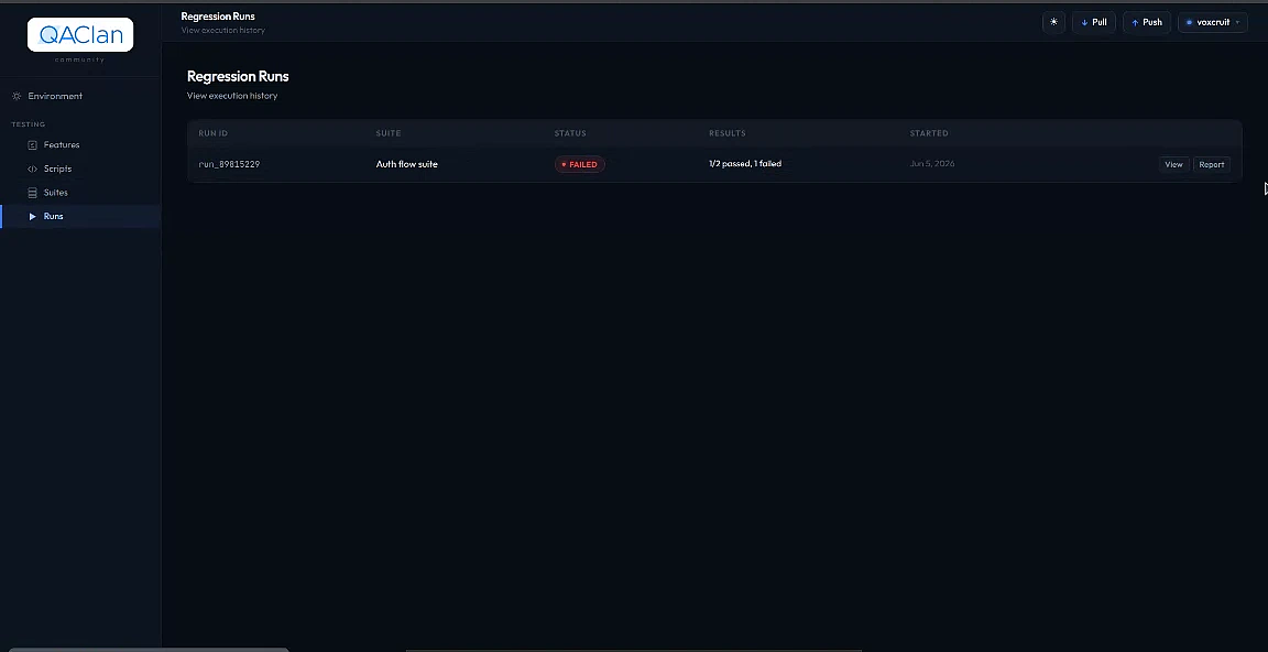 QAClan agent web UI full dashboard — sidebar and top bar