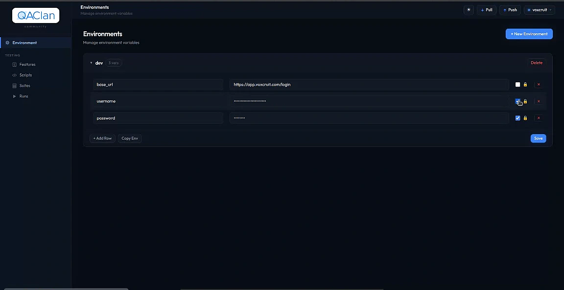 Environment page in the QAClan agent
